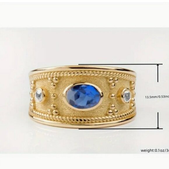 Blue Zircon Gemstone 18K Gold Plated Wide Ring - Picture 4 of 4